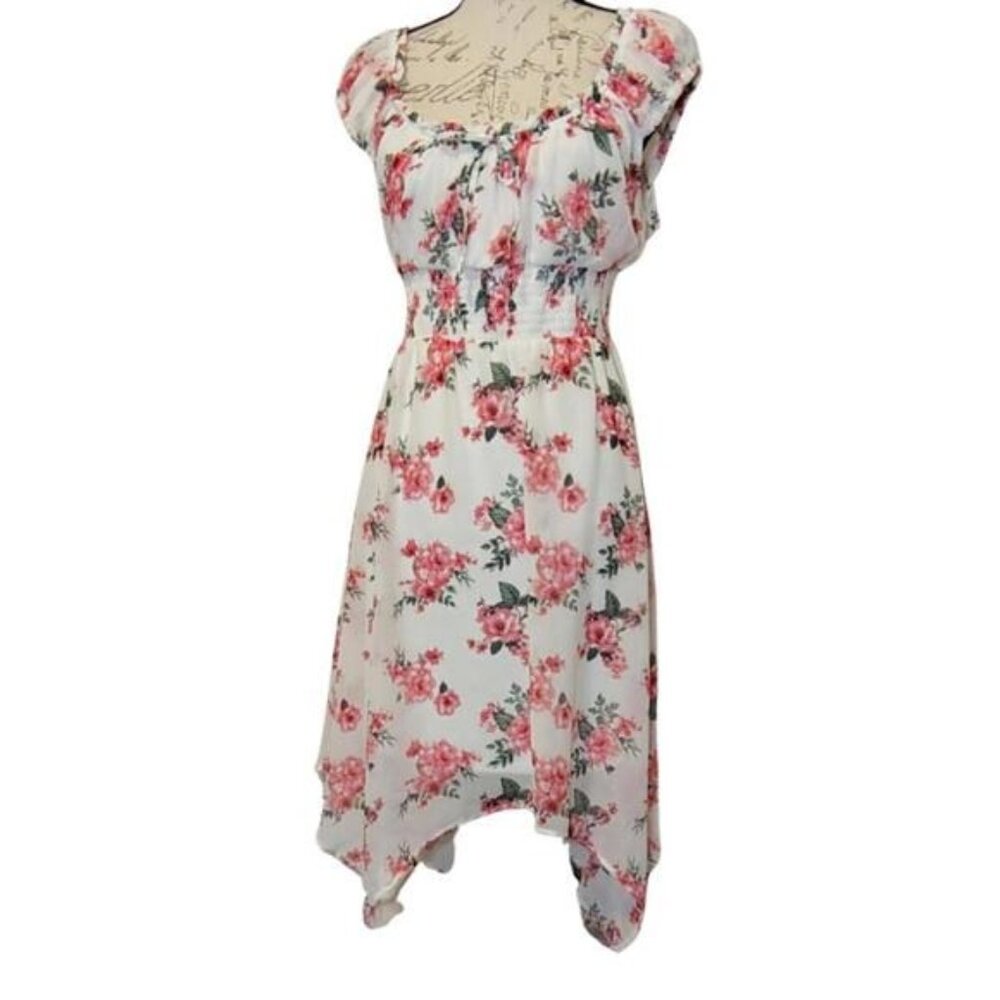 Floral Milkmaid Peasant Midi Dress‎ Asymmetric Hem - Cottage Coquette Romantic